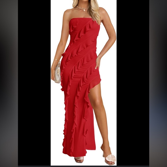 Zesica Dresses & Skirts - ZESICA OFF SHOULDER MESH TASSEL RUFFLE SIDE SPLIT TUBE MAXI DRESS | xl
